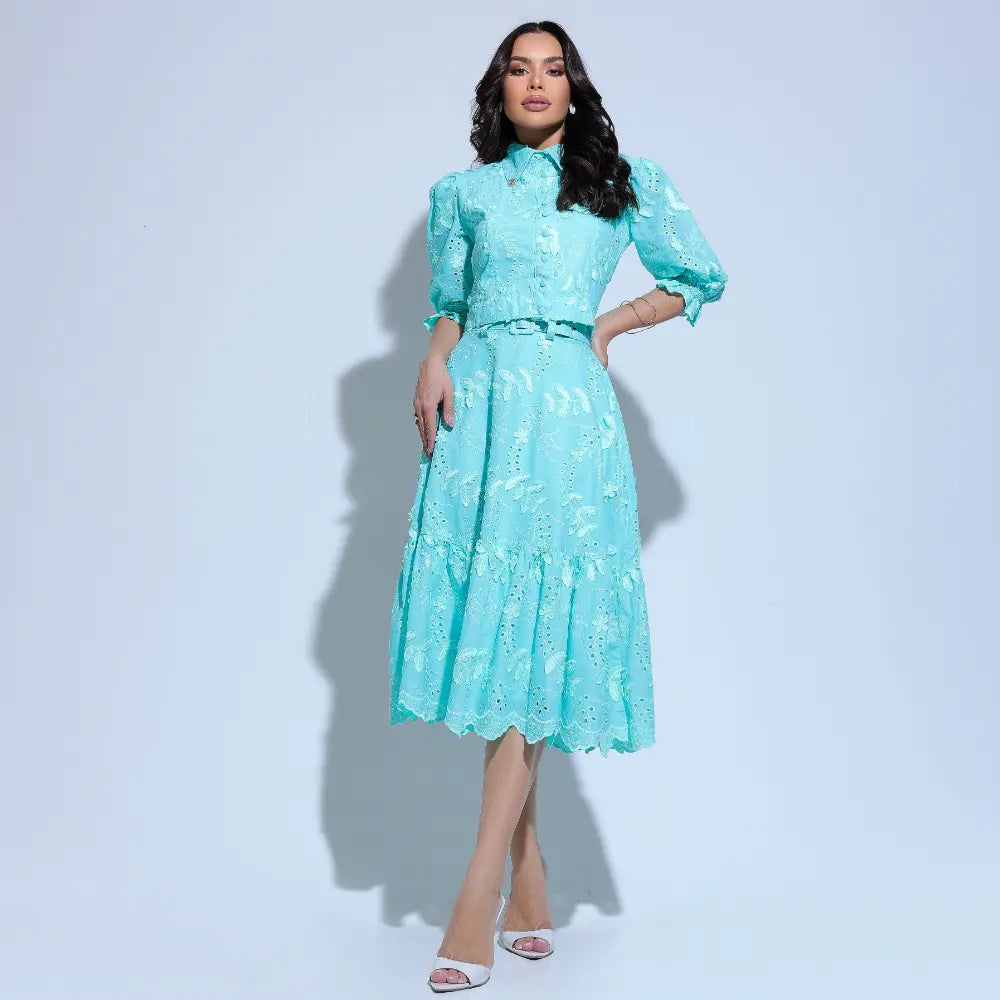 Conjunto Feminino Menta Modesto Gola Alta Cinto Floreari