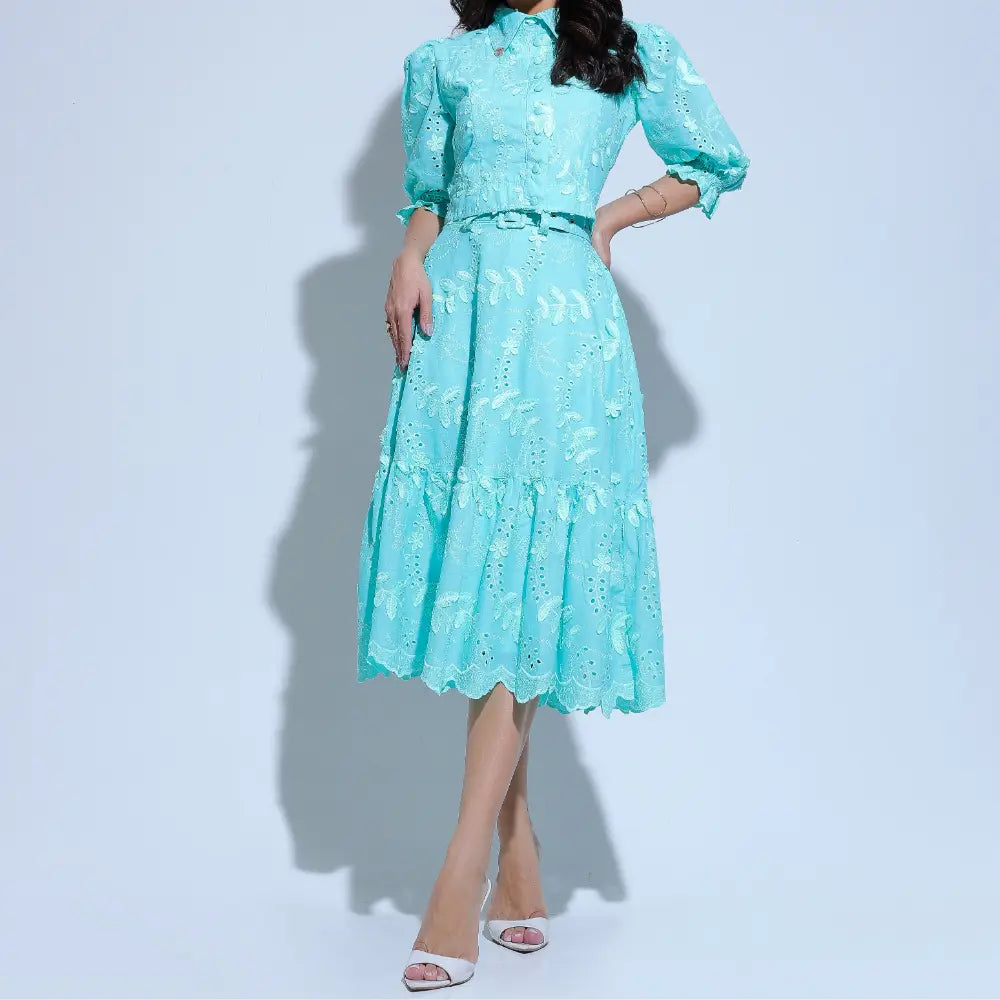 Conjunto Feminino Menta Cintura Marcada Babados Igreja Floreari
