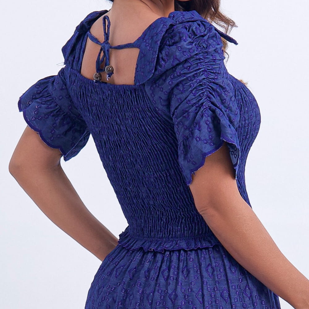 Vestido Feminino Azul Estilo Romântico Midi Floreari
