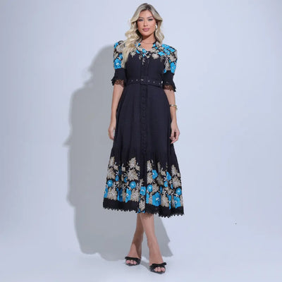 Vestido feminino bordado azul floreari