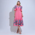 Vestido Feminino Rosa Modesto Gola V Manga 3/4 Floreari