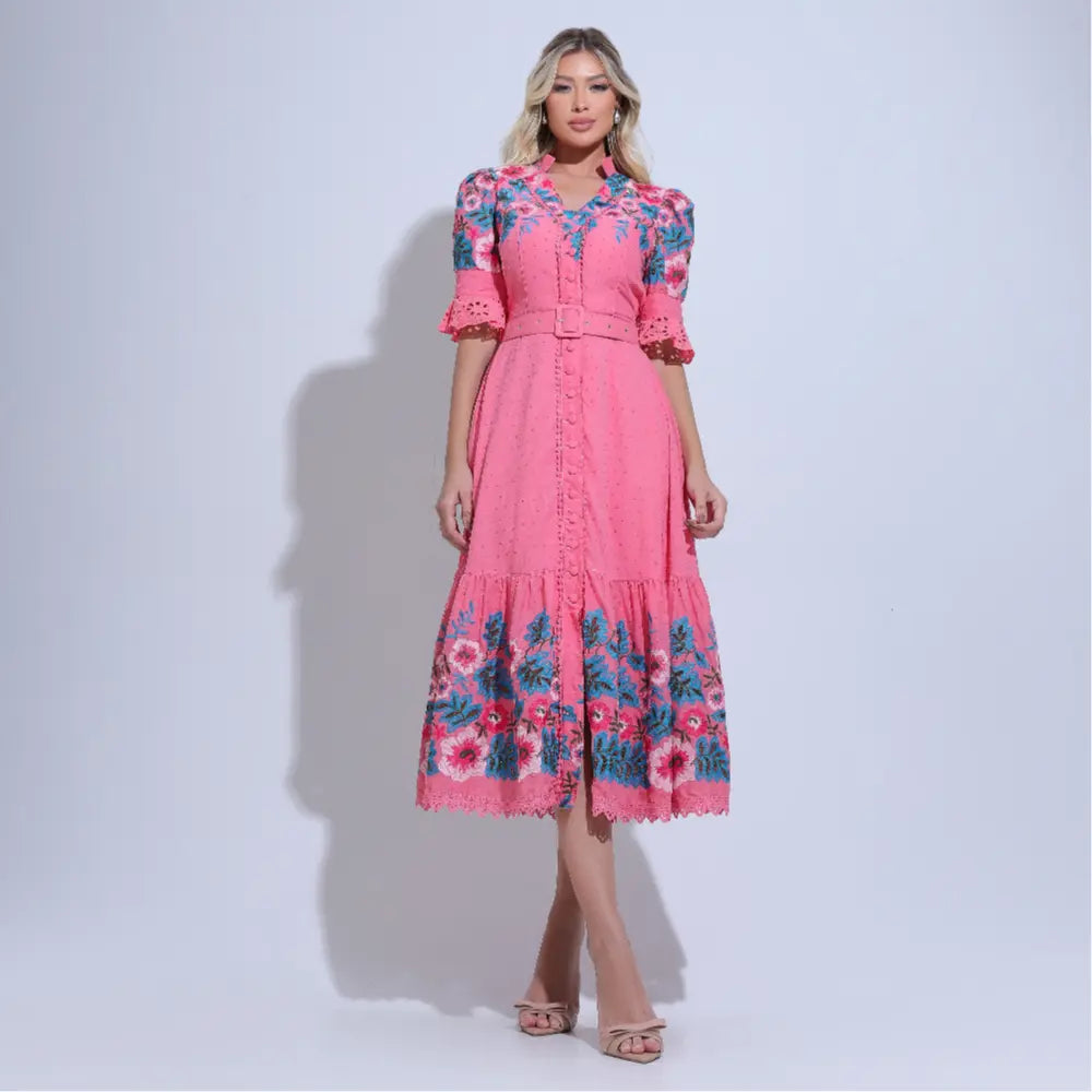 Vestido Feminino Rosa Modesto Gola V Manga 3/4 Floreari