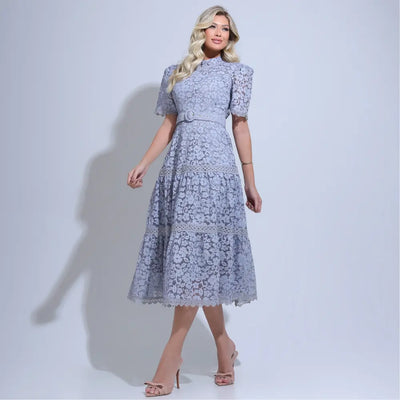 Vestido Feminino Cinza Renda Cinto Acinturado Floreari