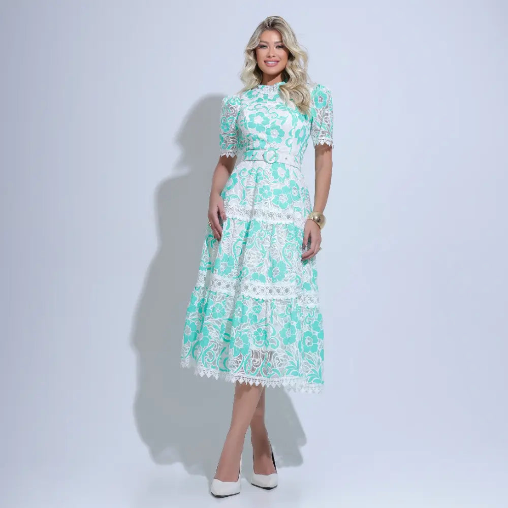 Vestido Feminino Branco Renda Cinto Acinturado Floreari