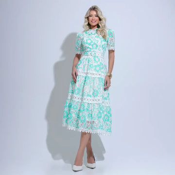 Vestido Feminino Branco Renda Cinto Acinturado Floreari