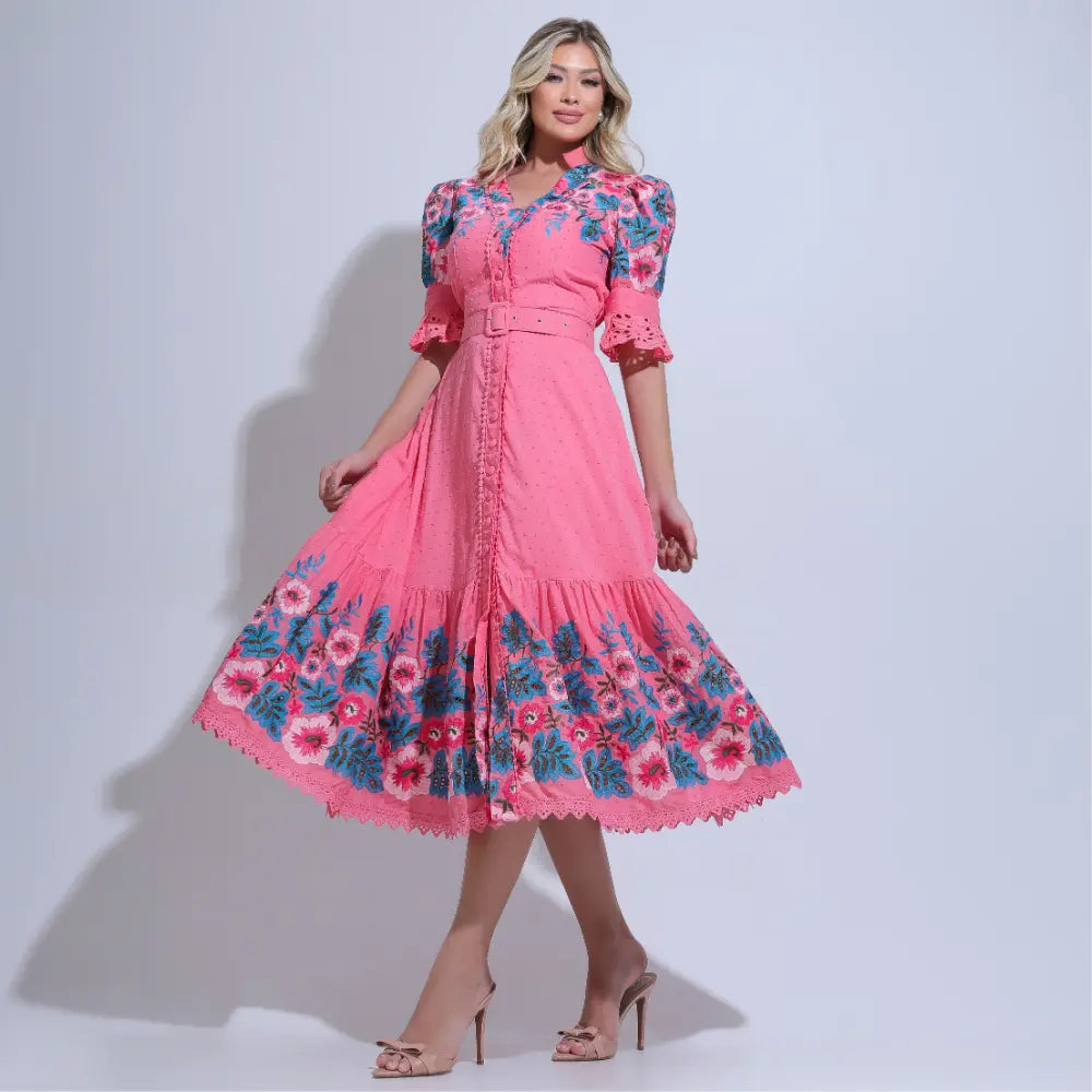 Vestido Feminino Rosa Bordado Floral Midi Modesto Floreari