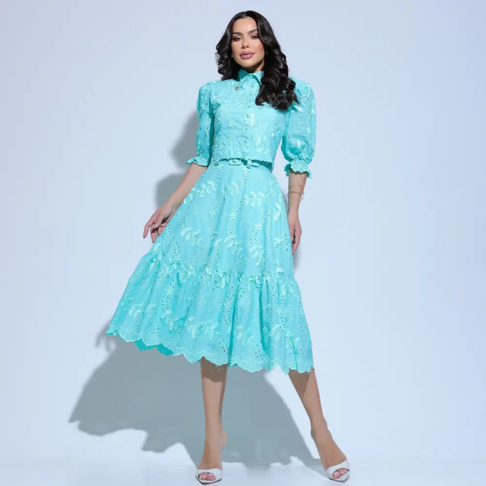 Conjunto Feminino Menta Bordado Floral Midi Modesto Floreari