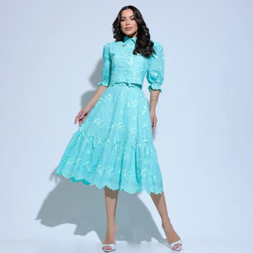 Conjunto Feminino Menta Bordado Floral Midi Modesto Floreari
