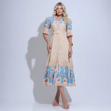 Vestido Feminino Bege Bordado Floral Manga Bufante Floreari