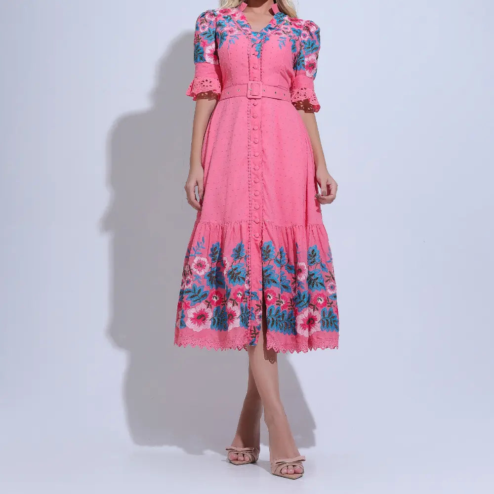 Vestido Feminino Rosa Cintura Marcada Babados Igreja Floreari