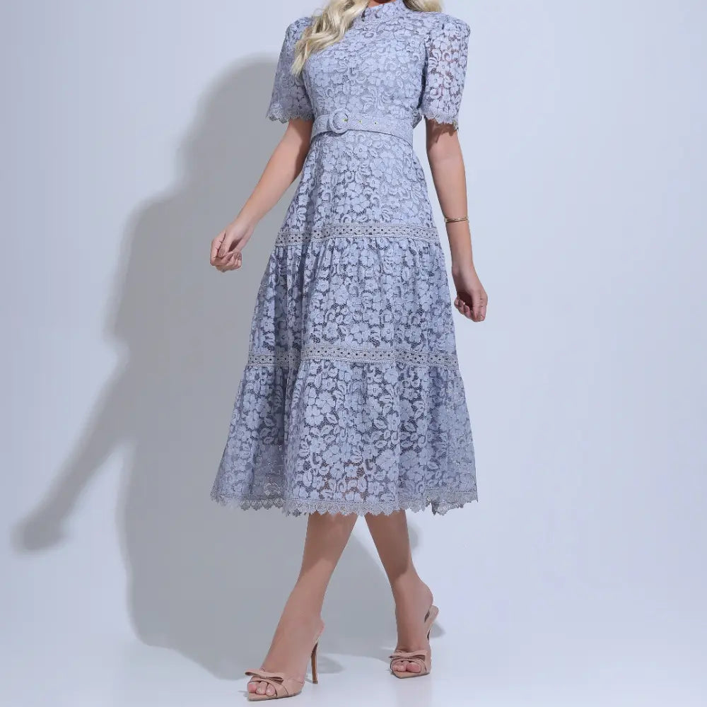 Vestido Feminino Cinza Renda Delicada Festa Floreari