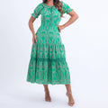 Vestido Feminino Verde Midi Manga Curta Floreari