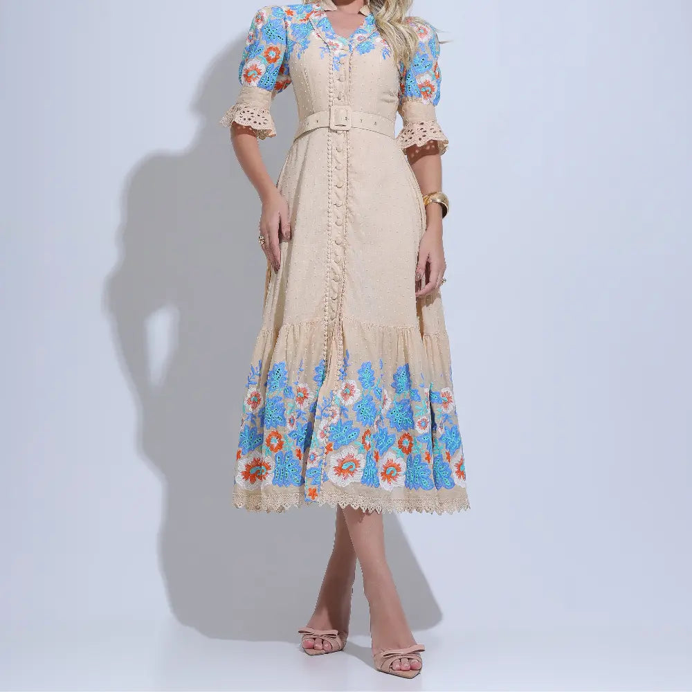 Vestido Feminino Bege Estampa Flores Vibrantes Floreari