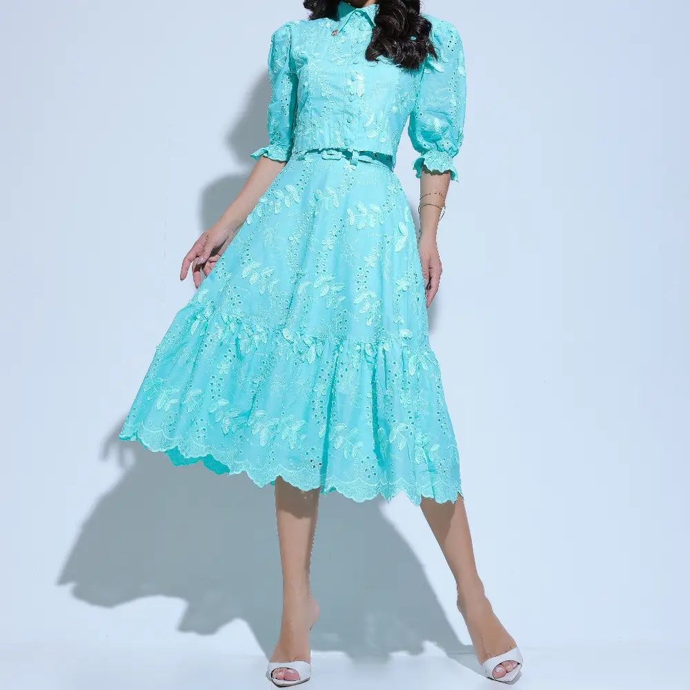 Conjunto Feminino Menta Renda Guipir Manga Bufante Floreari