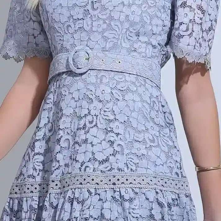 Vestido Feminino Cinza Renda Cinto Acinturado Floreari