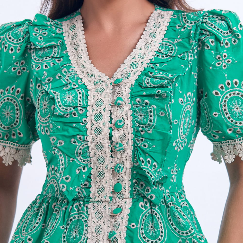  Vestido Feminino Verde com Renda Guipir Floreari