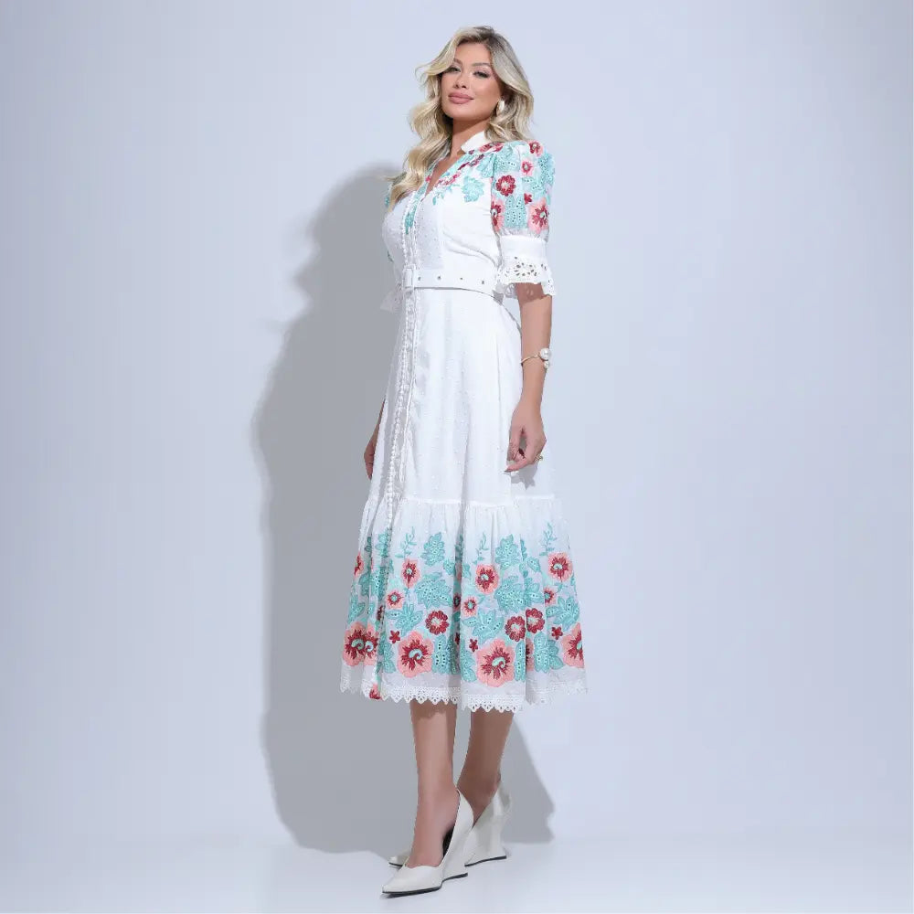 Vestido Feminino Branco Elegante Floreari
