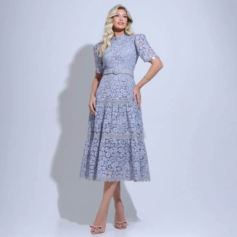 Vestido Feminino Cinza Manga Curta Floreari