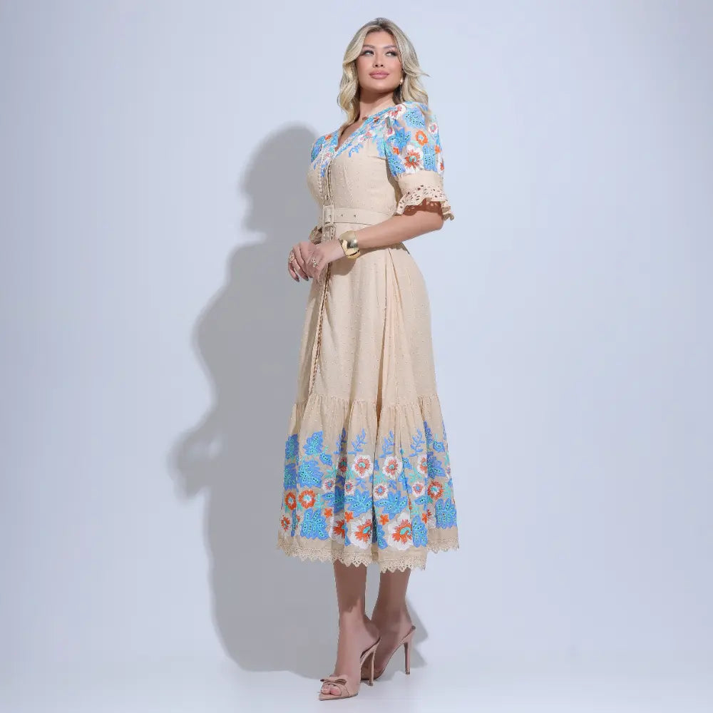 Vestido Feminino Bege Casual Elegante Manga Princesa Floreari