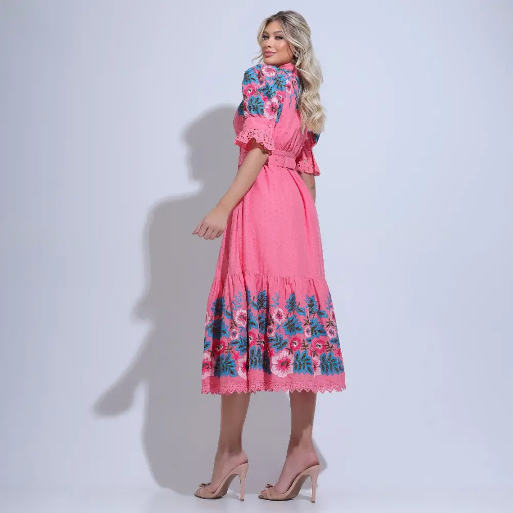 Vestido Feminino Rosa Festa Campo Floral Comportado Floreari