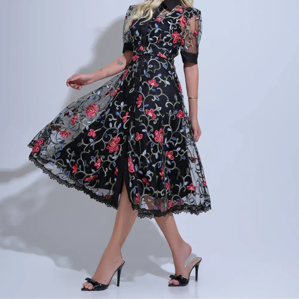 Vestido Feminino Preto Noite Transparente Floreari