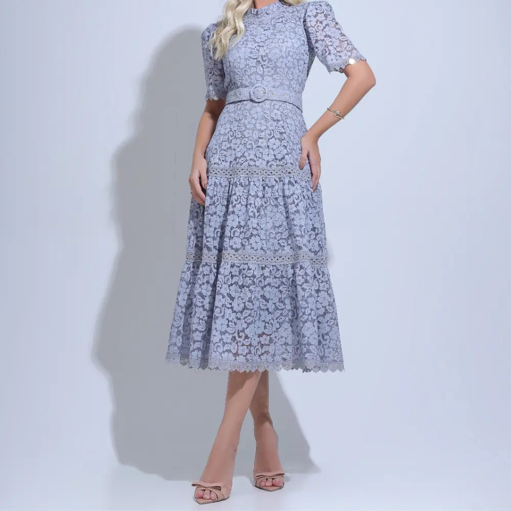 Vestido Feminino Cinza Cinto Fino Babados Floreari