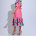 Vestido Feminino Rosa Detalhes Bordados Renda Modesta Floreari