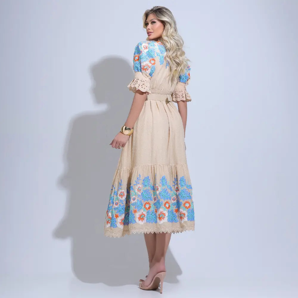 Vestido Feminino Bege Festa Campo Floral Floreari