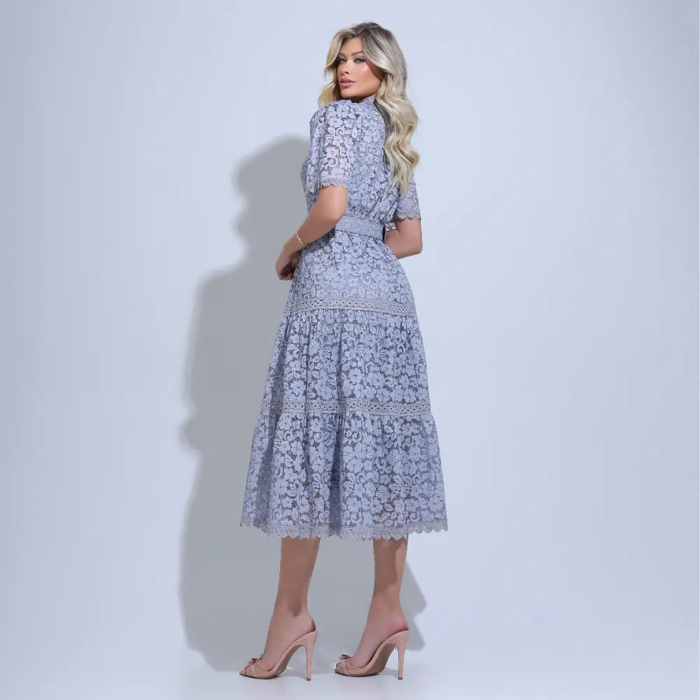 Vestido Feminino Cinza Camadas Leve Floreari