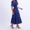 Vestido Feminino Azul Refinado com Manga Curta Bufante Floreari