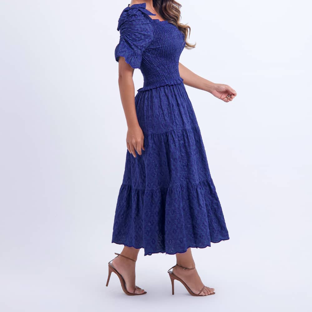 Vestido Feminino Azul Refinado com Manga Curta Bufante Floreari