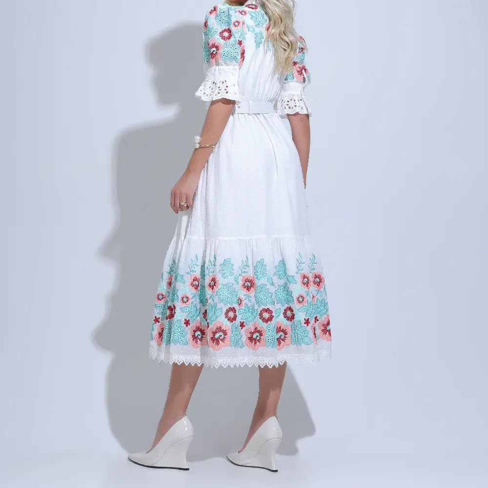 Vestido Feminino Branco Midi Floreari