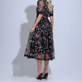 Vestido Feminino Preto Floral Camada Midi Floreari