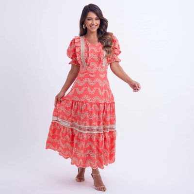 Vestido Feminino Coral Bordado Vazado Midi Modesto Floreari