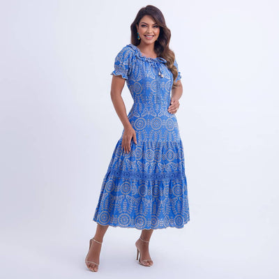 Vestido Feminino Azul Estampado Babados Floreari