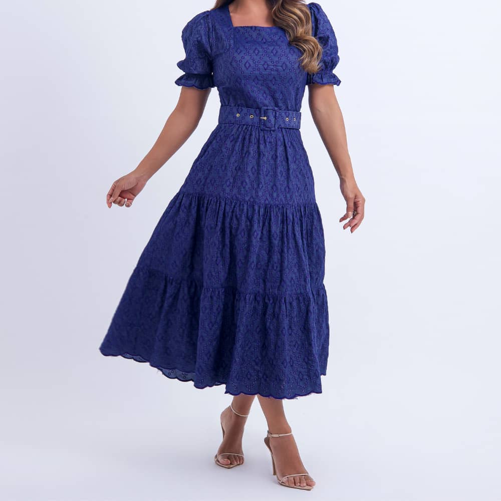 Vestido Feminino Azul Comprimento Midi Elegante Floreari
