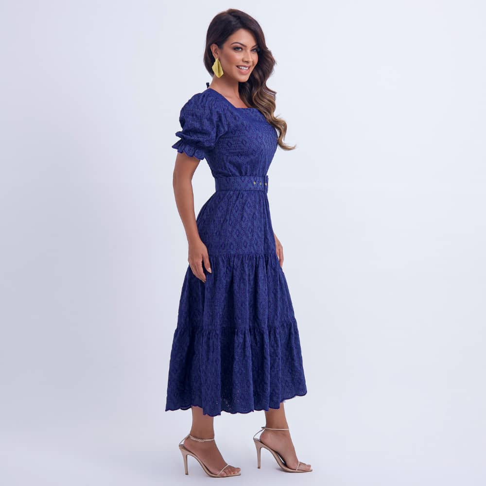 Vestido Feminino Azul Com Cinto Delicado Modesto Floreari