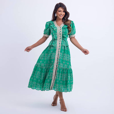  Vestido Feminino Verde com Renda Guipir Floreari