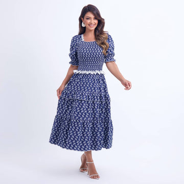 Vestido Feminino Azul Marinho Modesto Elegante Floreari