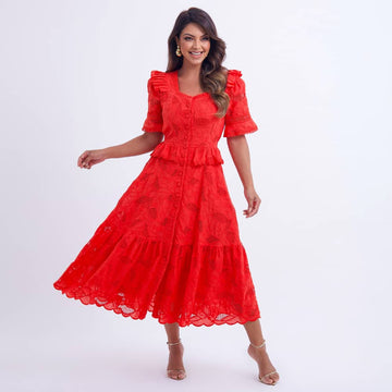 Vestido Feminino Midi Renda Vermelha  Emily - FL16