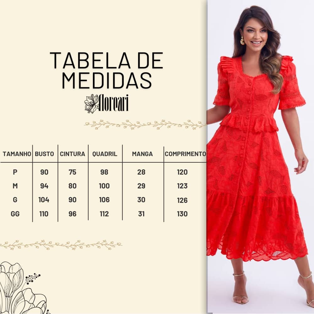Vestido Feminino Vermelho Tabela Floreari