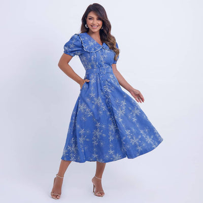 Vestido Feminino Azul Estampado com Cinto Floreari