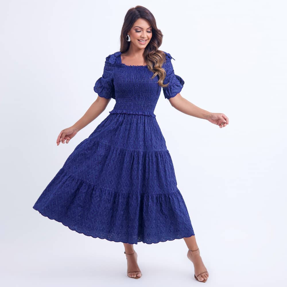 Vestido Feminino Azul Marinho Midi com Lastex Floreari