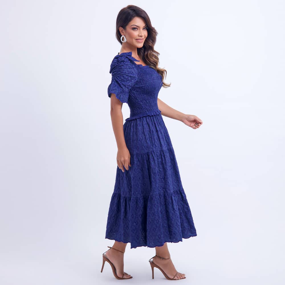 Vestido Feminino Azul Sofisticado com Estilo Evangélico Floreari
