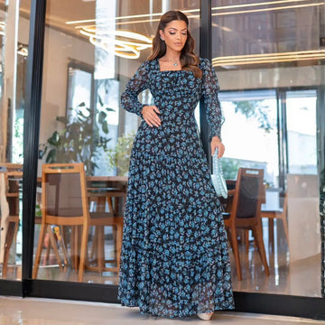 Vestido Feminino Jaqueline Preto com Azul em Tule Estampado - FL71