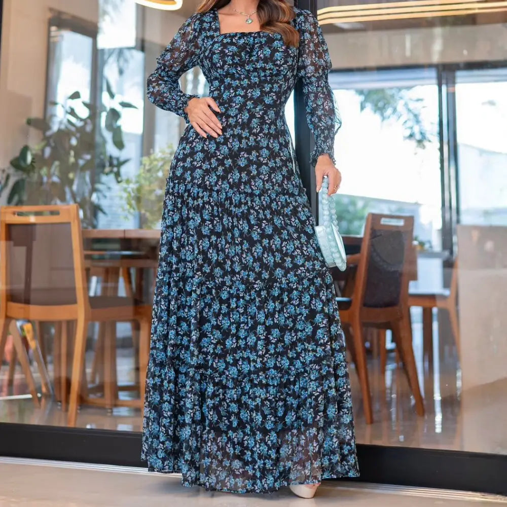 Vestido Feminino Jaqueline Preto com Azul em Tule Estampado - FL71