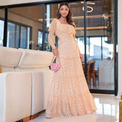Vestido Feminino Jaqueline Bege em Tule Estampado - FL70