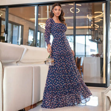 Vestido Feminino Jaqueline Azul-Marinho em Tule Estampado - FL69