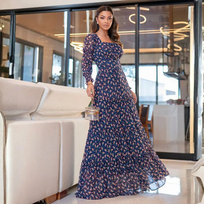 Vestido Feminino Jaqueline Azul-Marinho em Tule Estampado - FL69