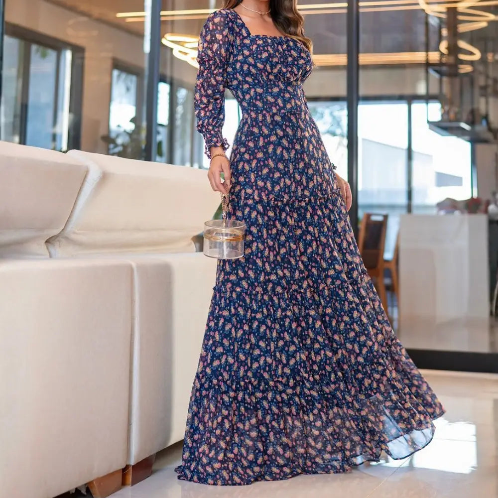 Vestido Feminino Jaqueline Azul-Marinho em Tule Estampado - FL69